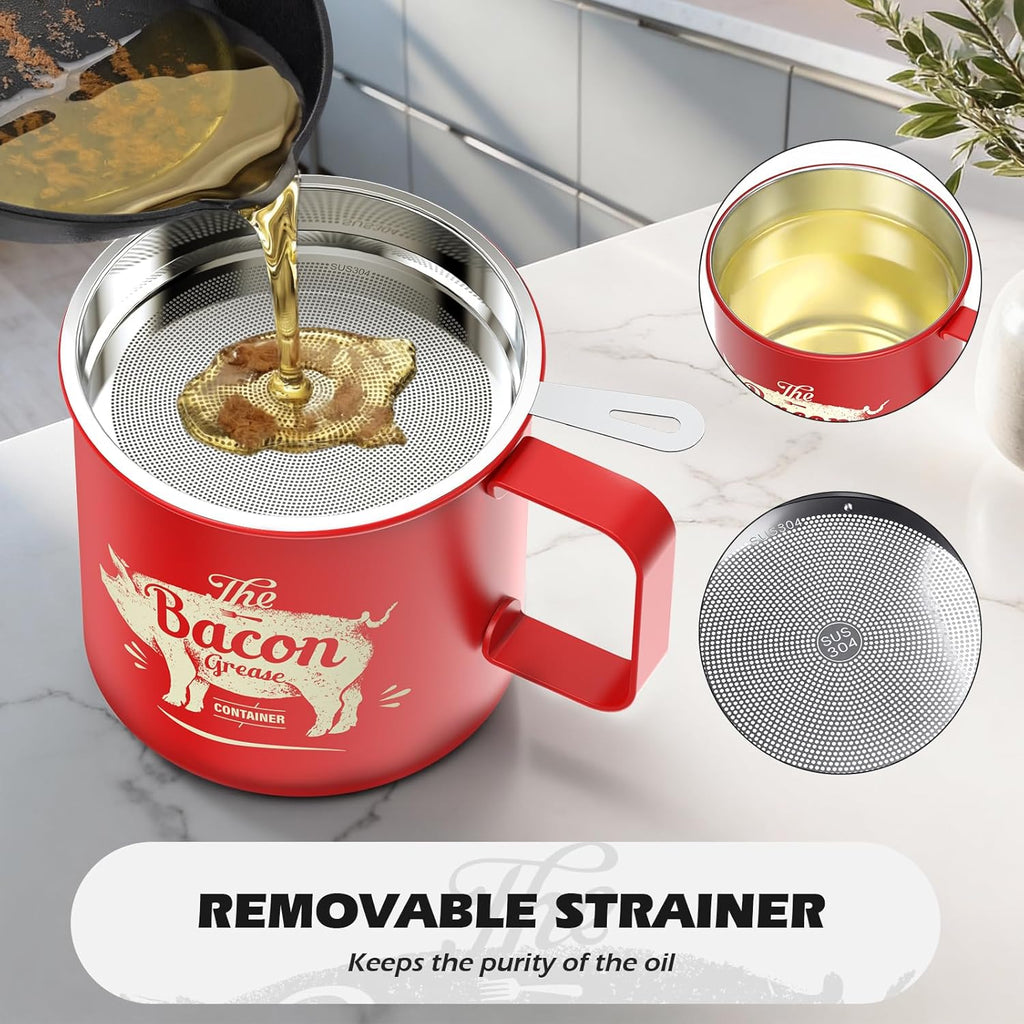 PGYARD Mini Bacon Grease Saver - 20 Oz Stainless Steel Oil Container | Dishwasher Safe Red Bacon Keeper