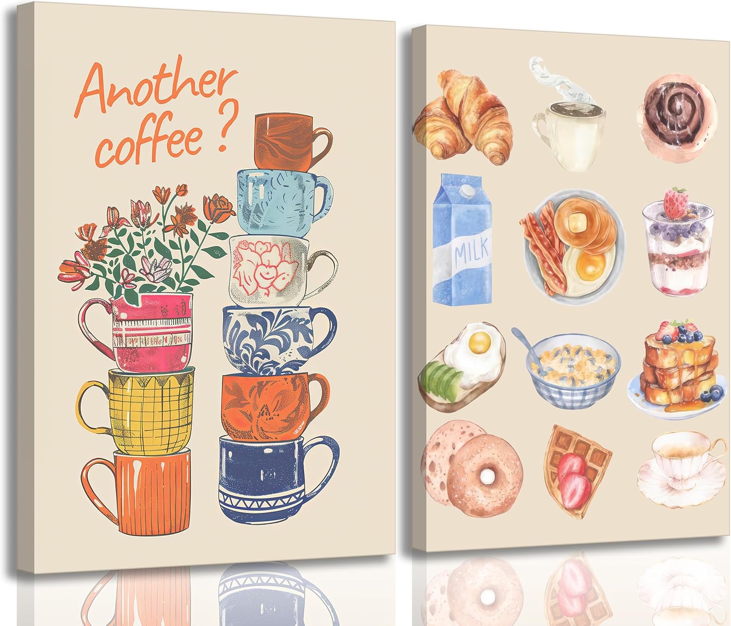 Skiennix Modern Coffee Canvas Wall Art - Colorful Croissant & Flower Poster Print for Dining Room Decor