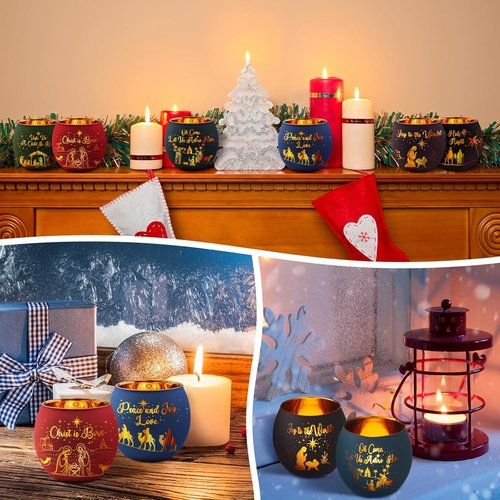 Jingmore Christmas Nativity Scene Votive Candle Holders - 6 Glass Holders with Flameless Candles & Engraved Patterns