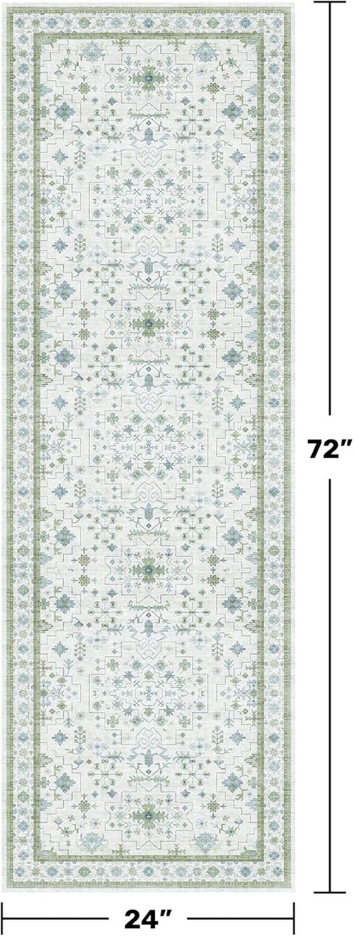 Hazo Haus Washable Oushak 2x6 Bathroom Runner Rug - Eclectic Boho Floral Design, Non-Slip & Stain Resistant in Cream Green