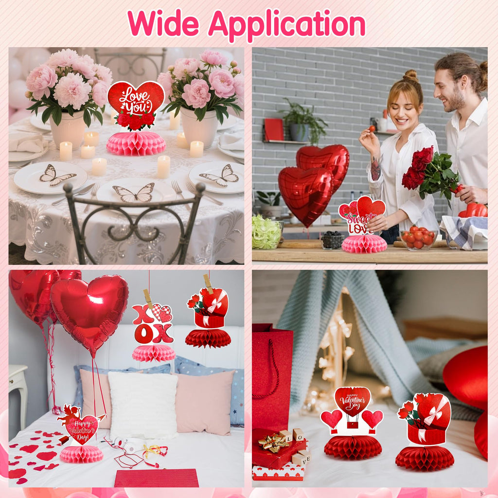 Valentines Day Honeycomb Centerpieces for Tables, 9Pcs Valentines Table Decorations Honeycomb Centerpiece, Red Heart 3D Centerpiece Table Decoration for Birthday Home Valentine's Party Decor Supplies
