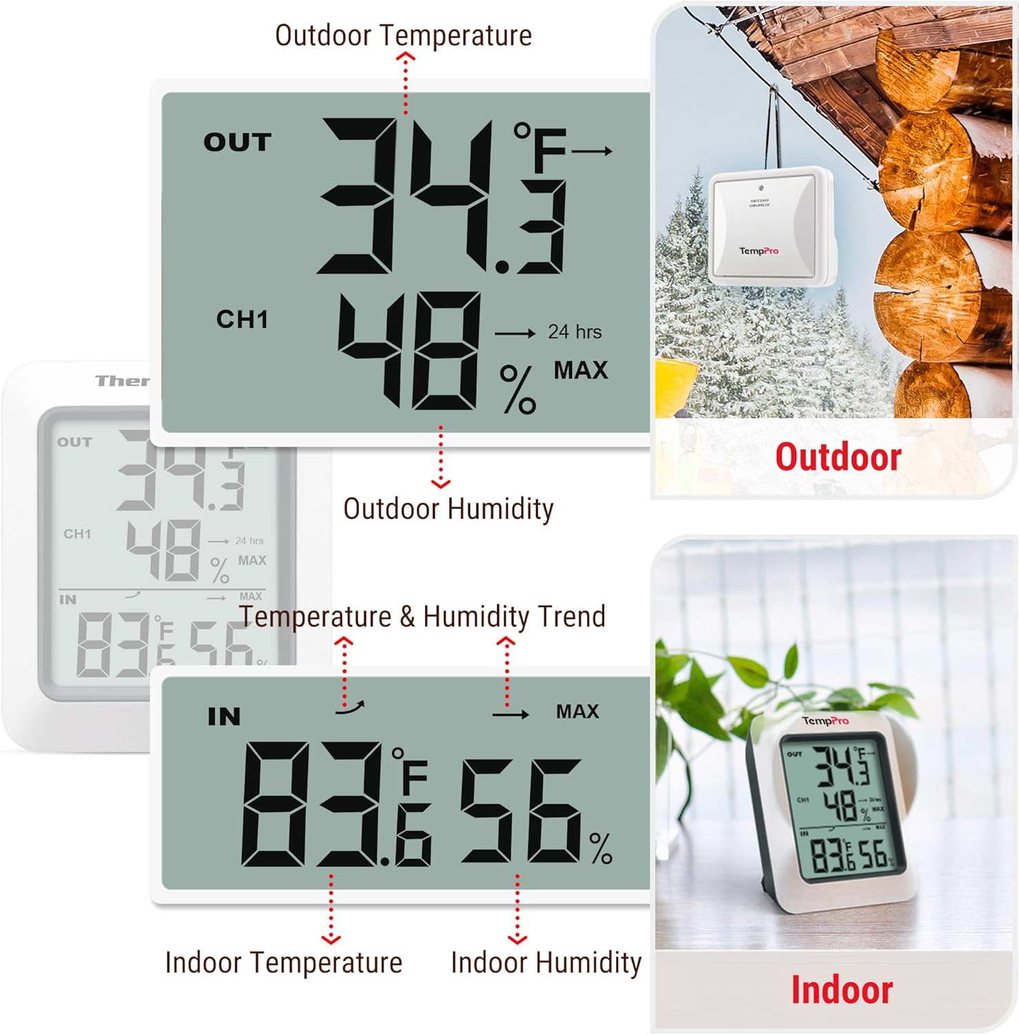 TempPro TP60 Digital Hygrometer - Wireless Temperature & Humidity Monitor | 500ft Range, Accurate Readings