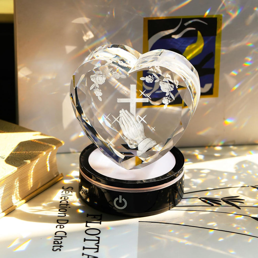 Ornalrist Crystal Heart 3D Praying Hands | Colorful LED Base Night Light Gift for Men & Women