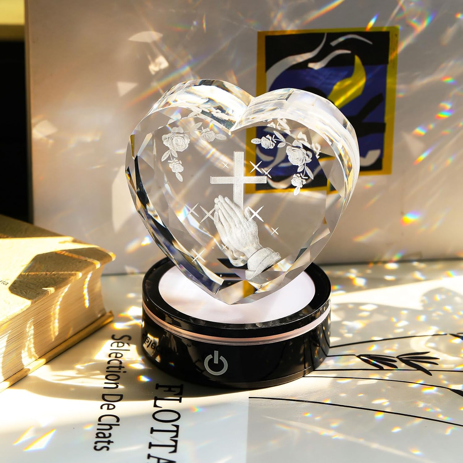 Ornalrist Crystal Heart 3D Praying Hands | Colorful LED Base Night Light Gift for Men & Women