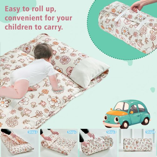 Floral Toddler Nap Mat with Zipper,Detachable Minky Blanket and Removable Pillow,Soft Slumber Bags for Girls,Kids Sleeping Bag for Daycare Preschool Kindergarten,Flower Toddler Sleeping Mat - Pink