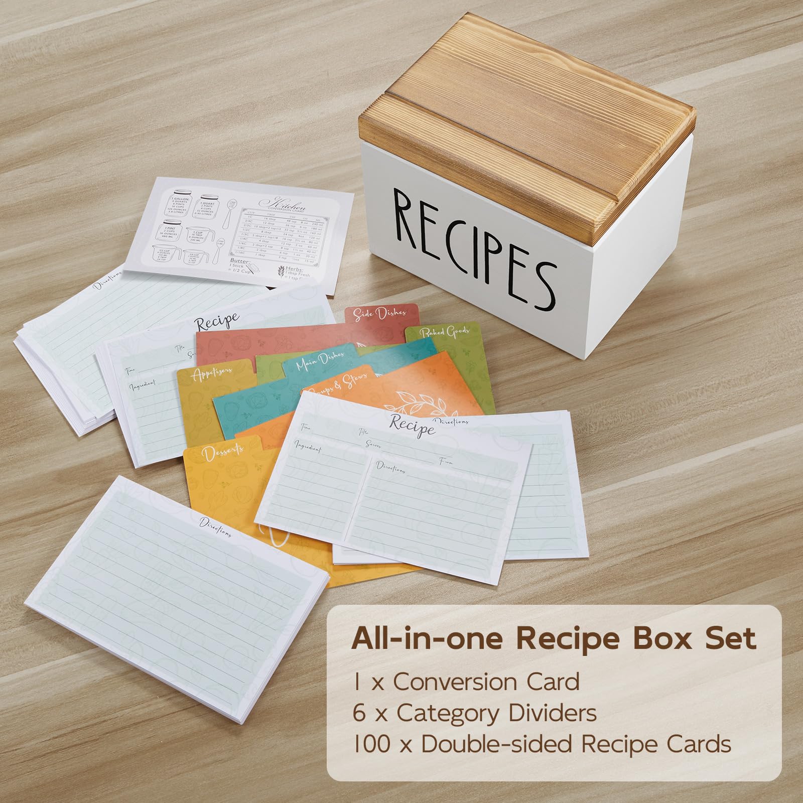 BWODYAY Recipe Box, Wood Recipe Card Box Set, Recipe Box with 100 Cards and 6 Dividers,4x6 Recipe Organizer, Recipe Card Holder, White