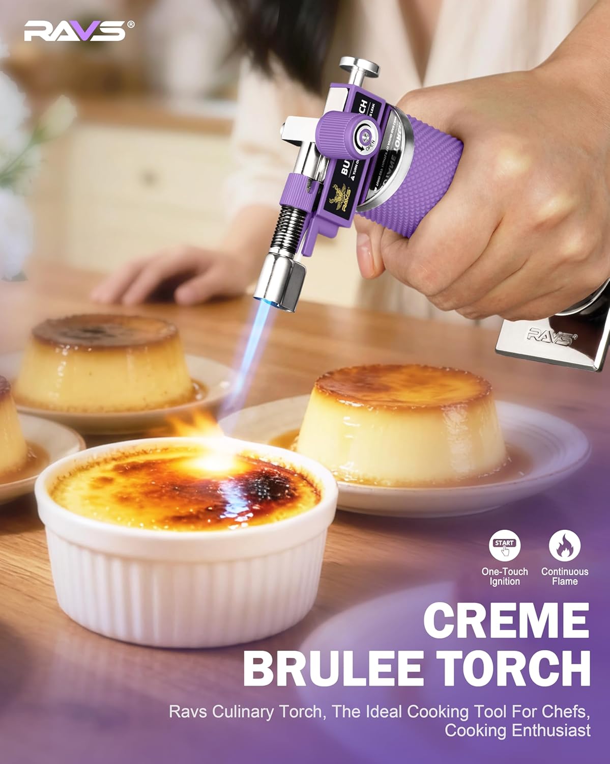 RAVS Butane Torch Lighter - Refillable Kitchen Torch with Adjustable Flame & Safety Buckle - Purple