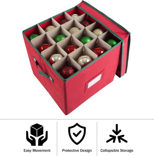 Elf Stor Christmas Decor Storage Box - Red Oxford Canvas Ornament Cube With 64 Compartment Dividers | Pack of 6