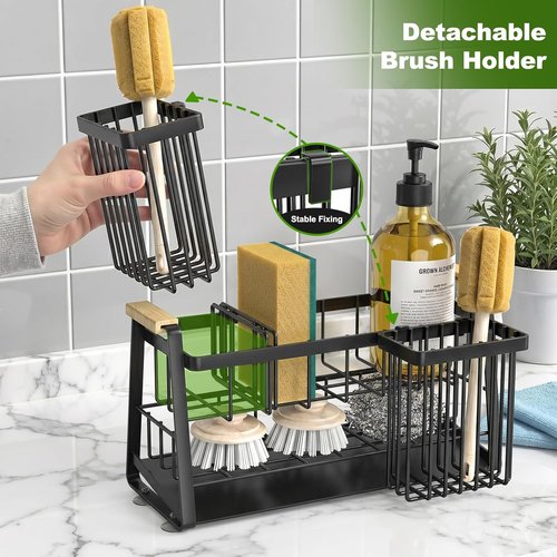 Housolution Kitchen Sink Caddy Organizer - 2-Tier Sponge Holder with Flexible Brush Slot & Rustproof Design