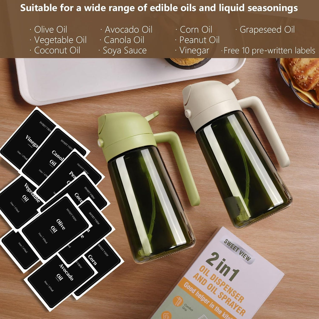 Sweet View Olive Oil Dispenser & Sprayer - 16oz Light-Proof Glass Pourer for Cooking & BBQ
