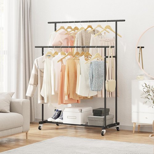 Calmootey Double Rod Clothing Rack - Portable Rolling Garment Organizer for Bedroom & Living Room - Black