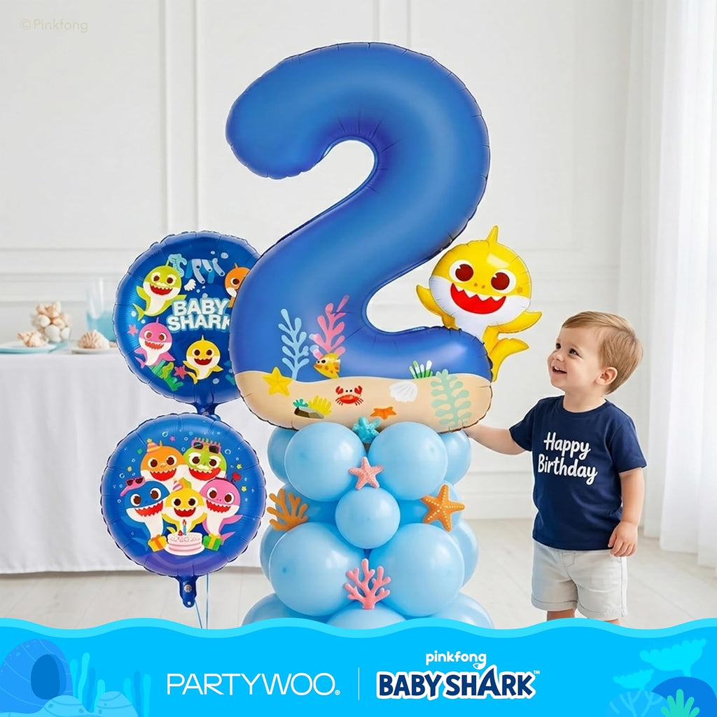 PartyWoo Baby Shark Blue Foil Number 2 Balloon - 5pcs 18-Inch Round Mylar Helium Balloons for Kids' Birthday Party Decorations