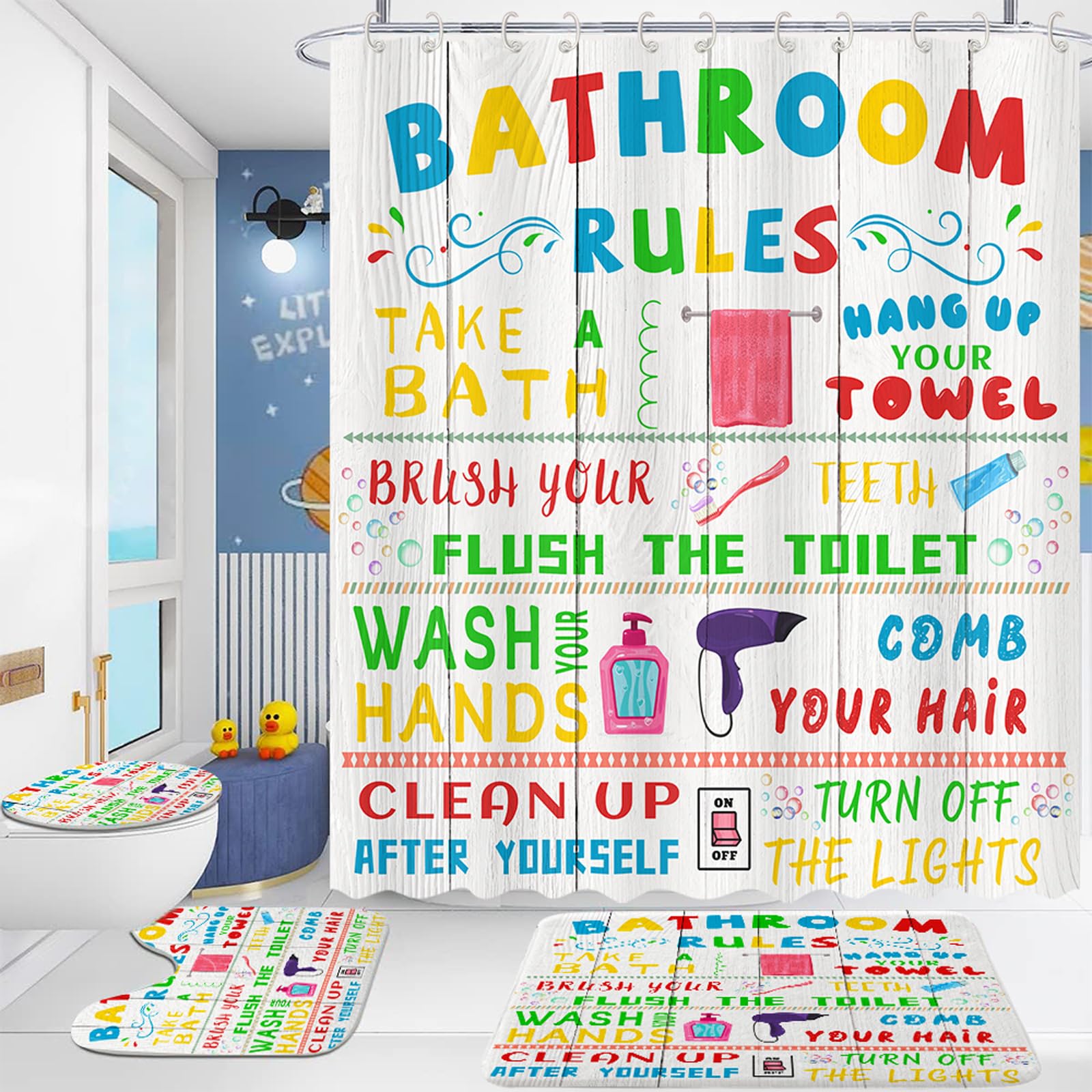 4 Pcs Kids Shower Curtain Sets, Funny Teen Boy Girl Bathroom Sets with Non-Slip Rugs and Accessories, Cute Colorful Bathroom Rules Fabric Toilet Lid Cover and Bath Mat, Shower Curtain with 12 Hooks.