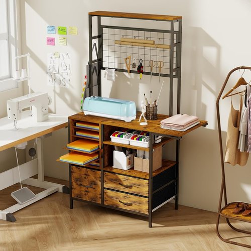 ARTETHYS Craft Organizer - Brown Storage Cabinet with Drawer & Fold-Out Desk for Craft Room