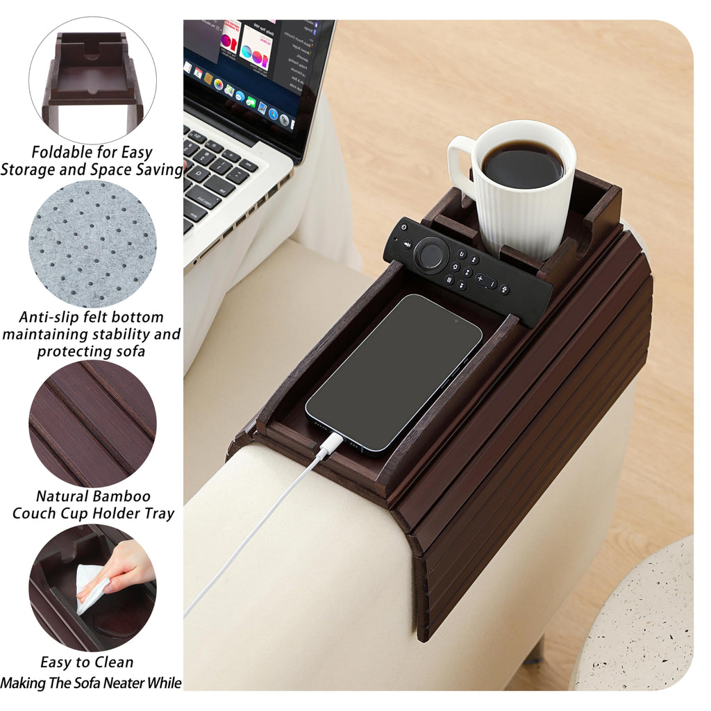 HNLISA Bamboo Couch Cup Holder Arm Tray Table，Foldable Couch Drink Holder Armrest Table，Sofa Arm Rest Tray，Flexible Arm Chair Table Recliners for Drink,Cups, Snacks, Phone, Remote (Mahogany)