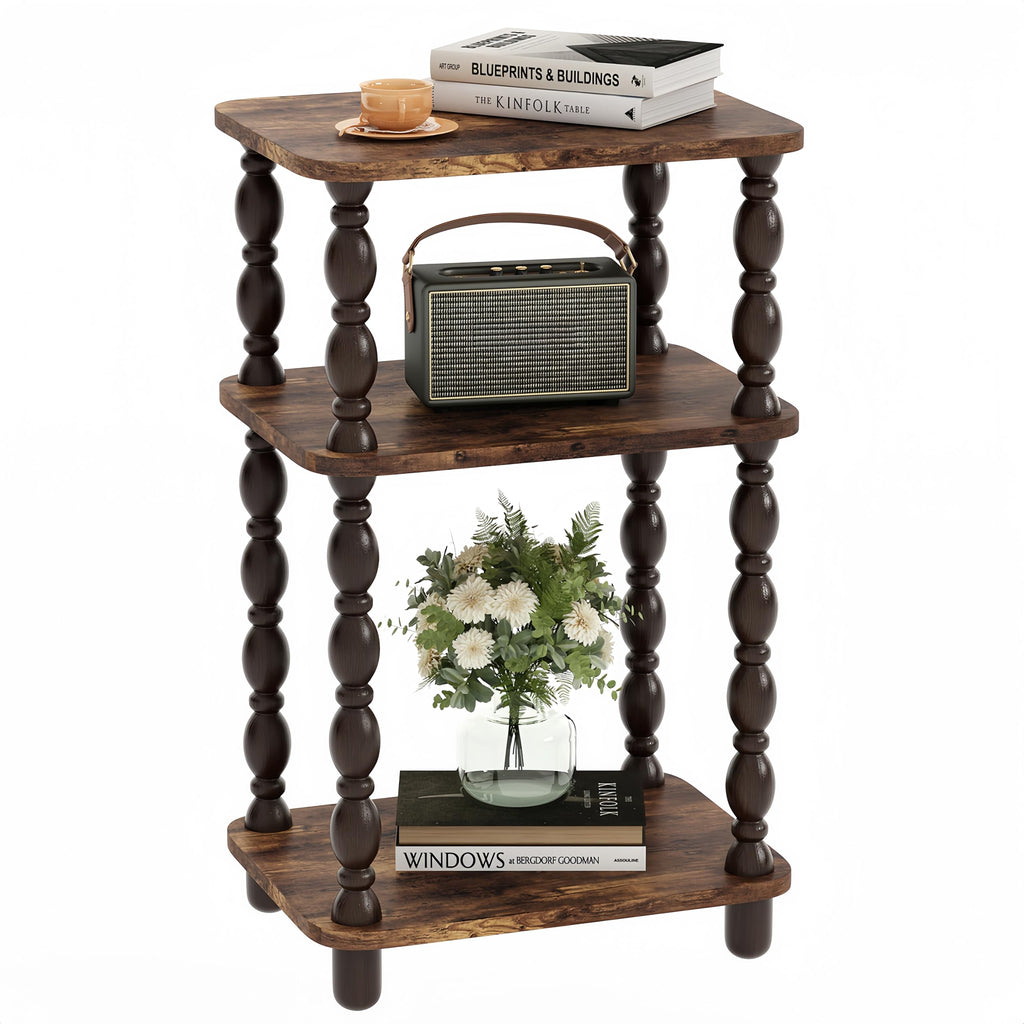 Retro End Table, 3-Tier Small Side Table, Narrow Couch Side Table for Small Spaces, Farmhouse End Table, Modern Accent Table, Skinny Bedside Table Nightstand for Bedroom, Living Room (Rustic Brown)