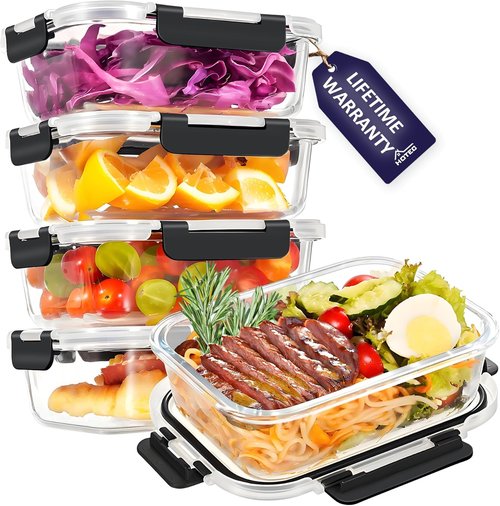 HOTEC 35oz Glass Food Storage Containers - Airtight Lunch & Fruit Containers, 4-Pack | Microwave & Oven Safe