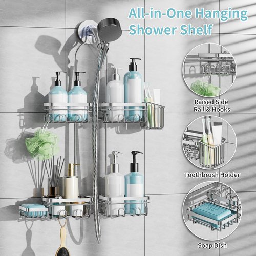 KEGII Shower Caddy - Rustproof Hanging Organizer with Soap Dish & Hooks | Fits Handheld Showerheads, Silver