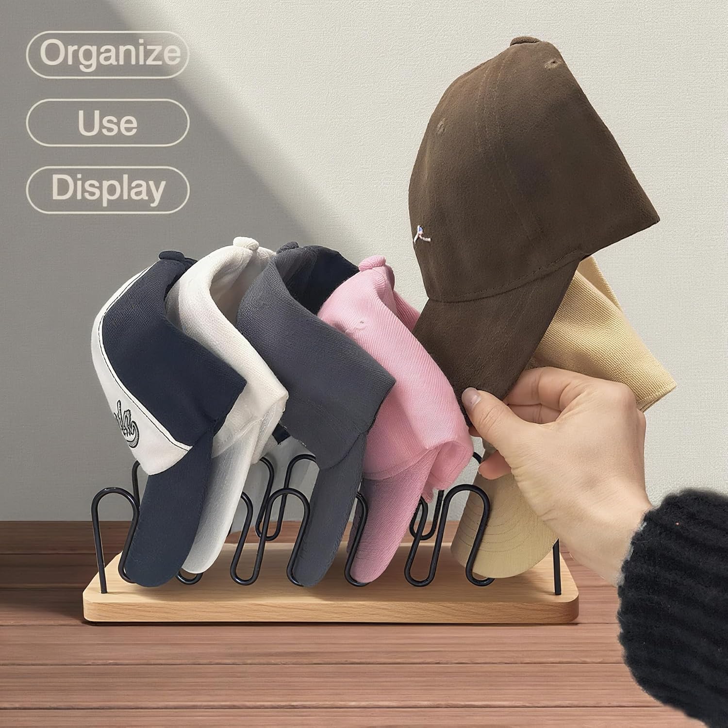 UdoUto Hat Organizer - Space-Saving Wood & Metal Rack Holds 14 Baseball Caps | 2-Pack for Closet & Entryway