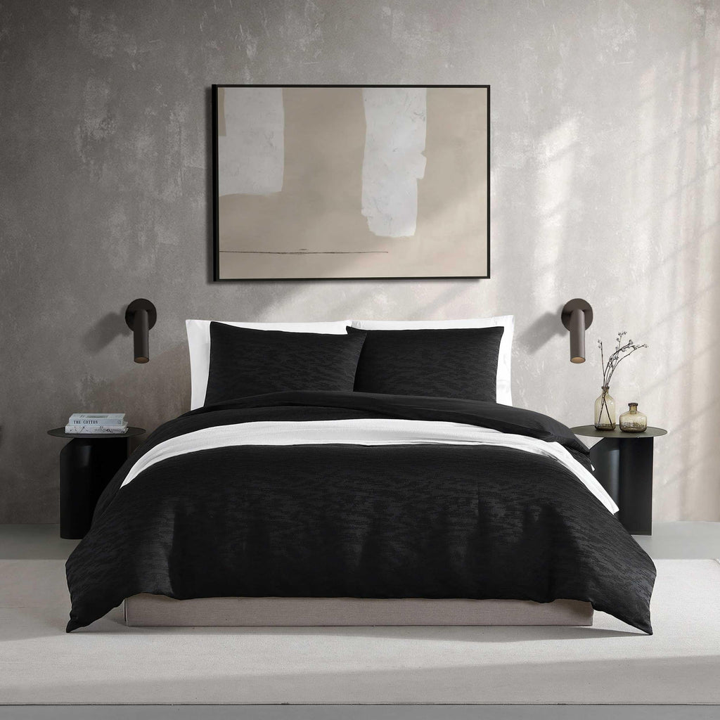 Vera Wang - Queen Duvet Cover Set, Soft Cotton Bedding with a Textured Weave Feel, Button Closure & Inner Corner Ties, 3 Piece Bed Set with Matching Pillowcases (Illusion Black)