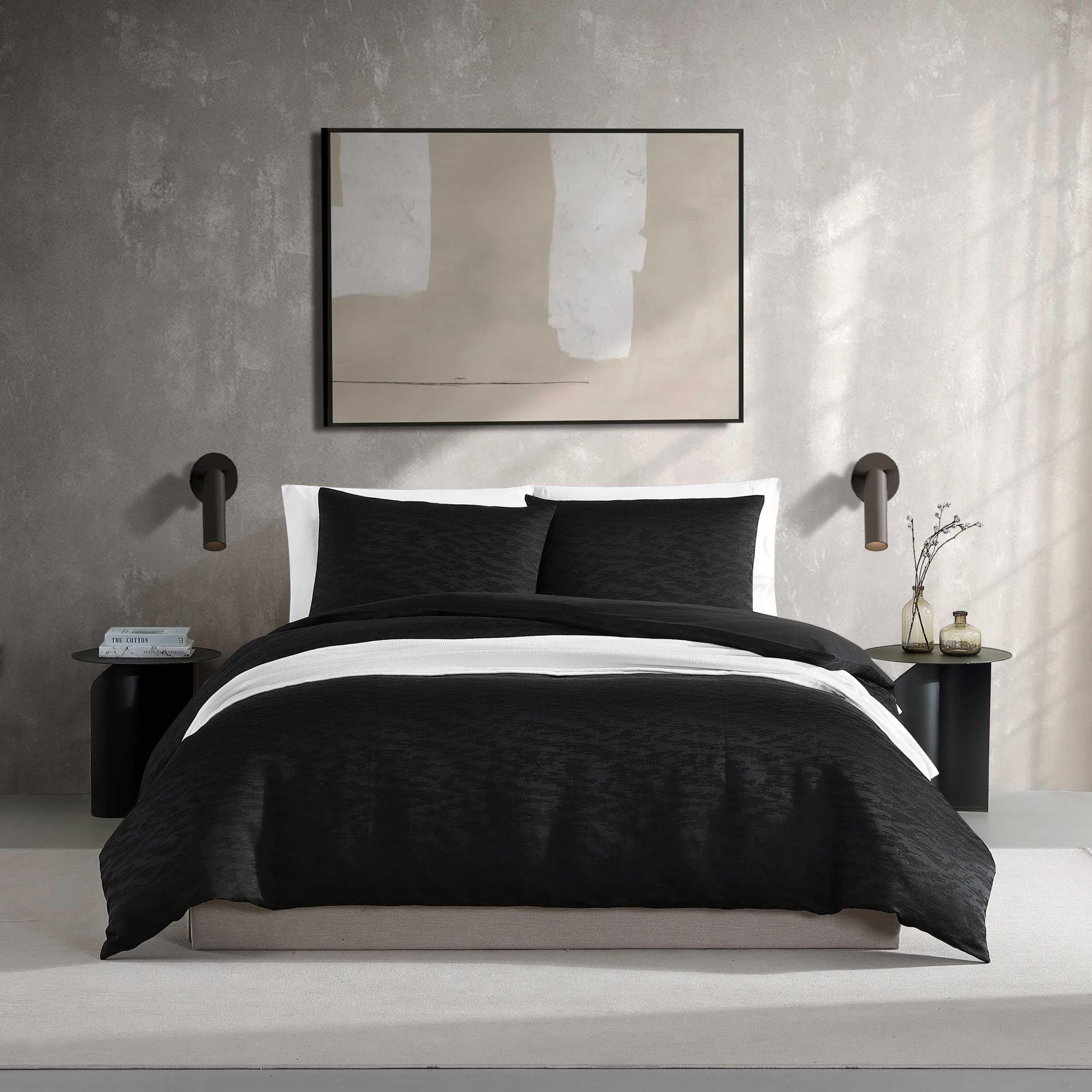 Vera Wang - Queen Duvet Cover Set, Soft Cotton Bedding with a Textured Weave Feel, Button Closure & Inner Corner Ties, 3 Piece Bed Set with Matching Pillowcases (Illusion Black)