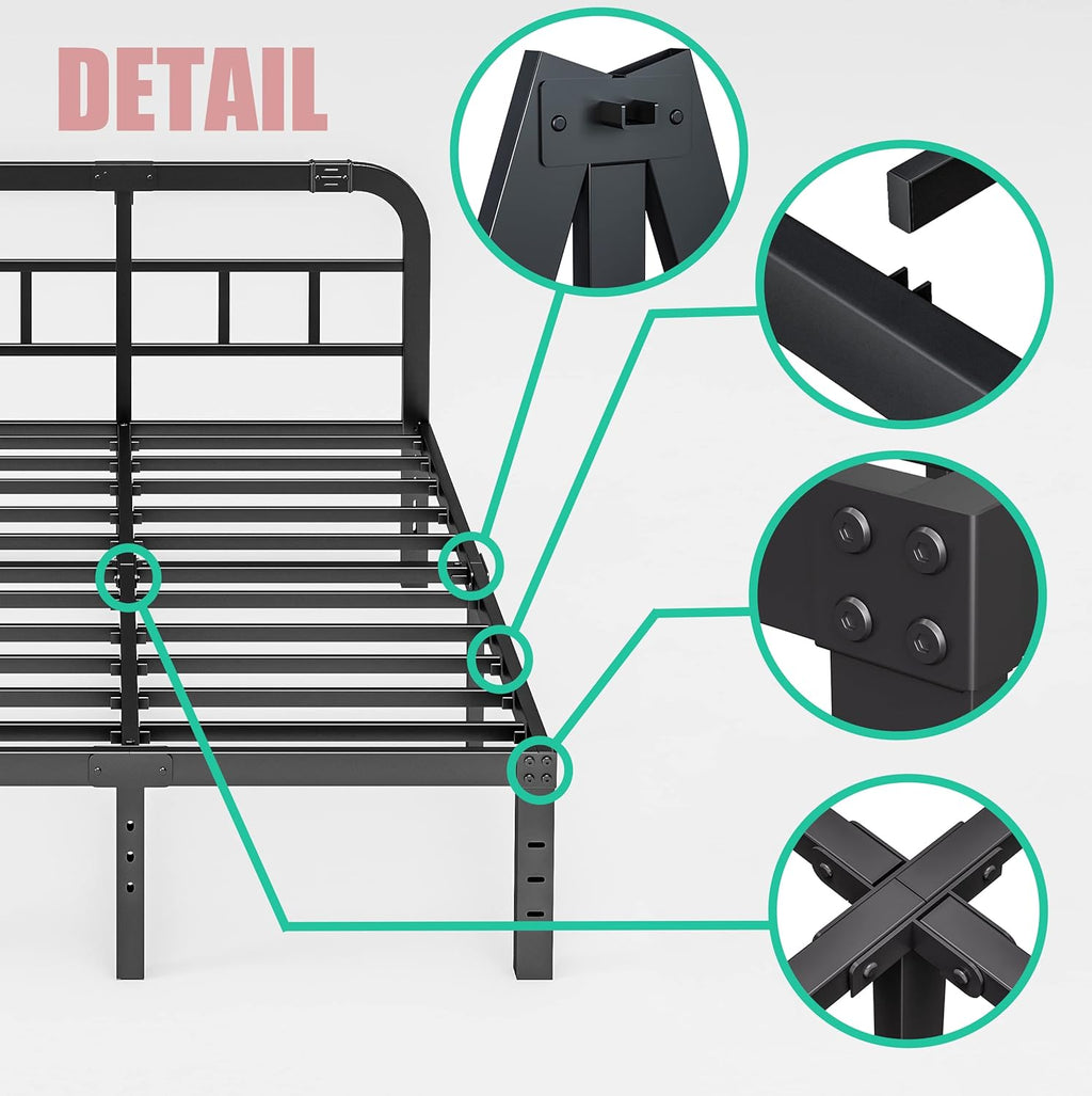 ZIYOO Queen Size Bed Frame - Heavy Duty Steel Slats, 1500LBS Support, Noise-Free, Easy Assembly | Black
