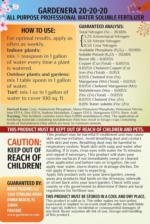 GARDENERA Premium 20-20-20 All-Purpose Water-Soluble Fertilizer - Boosts Growth & Leaf Color - 1 Quart