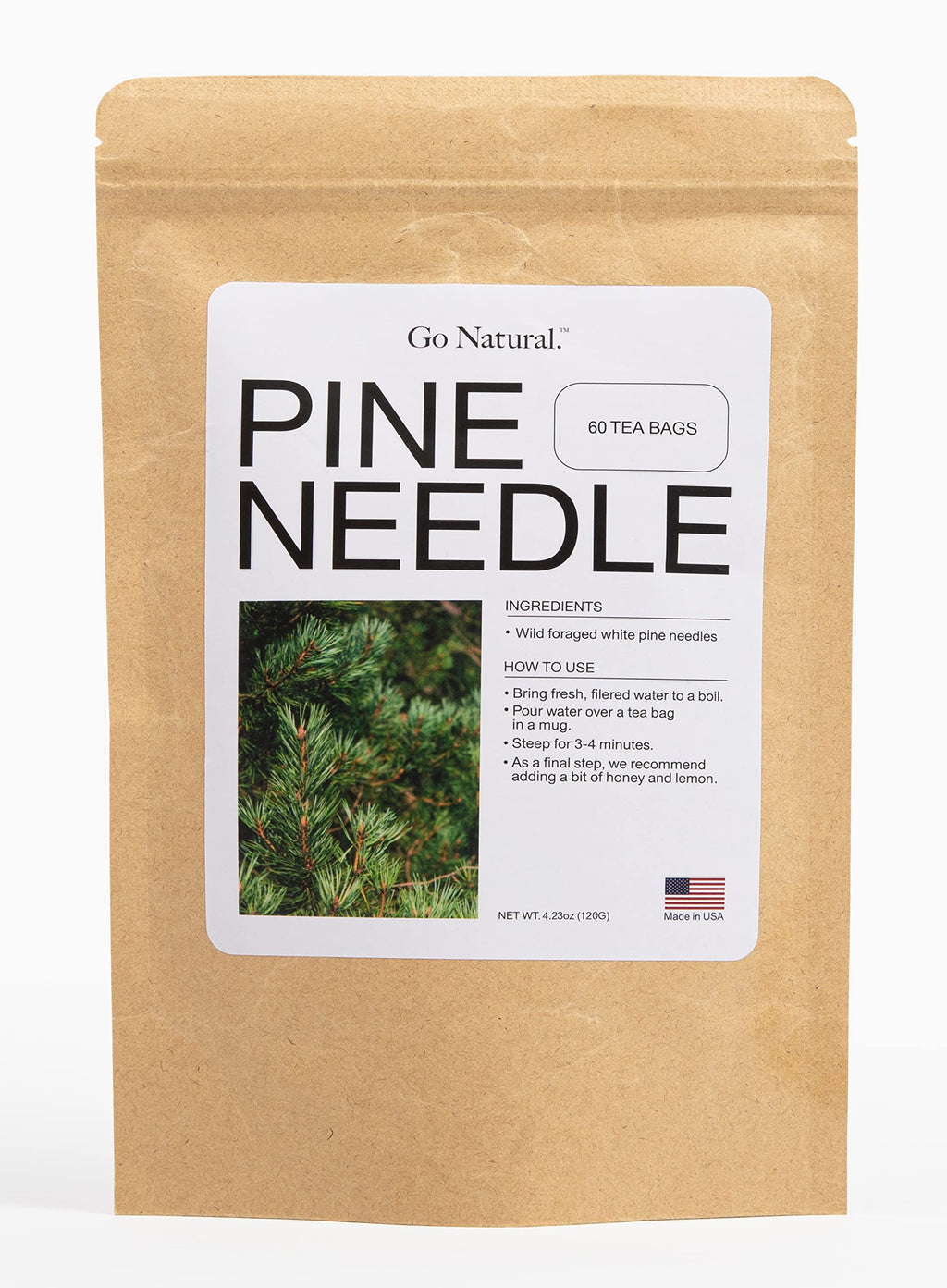 Pine needle tea, wild-foraged in the USA, picked from northern white pines | Protects against infection, strengthens immunity, high in antioxidants, natural suramin (60 Count (Pack of 1))