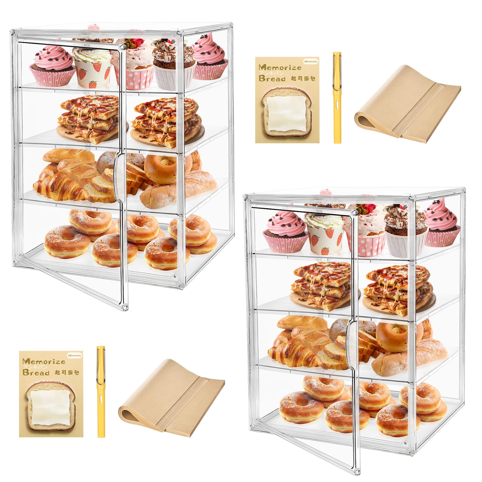 2PCS Pastry Display Case,Large Bakery Cookie Display Stand for Kitchen Countertop,4 Layers Adjustable Clear Bread Storage with Magnetic Door Bread Box and Cupcake Kitchen Counter 15.5x11.4x9.8 Inch
