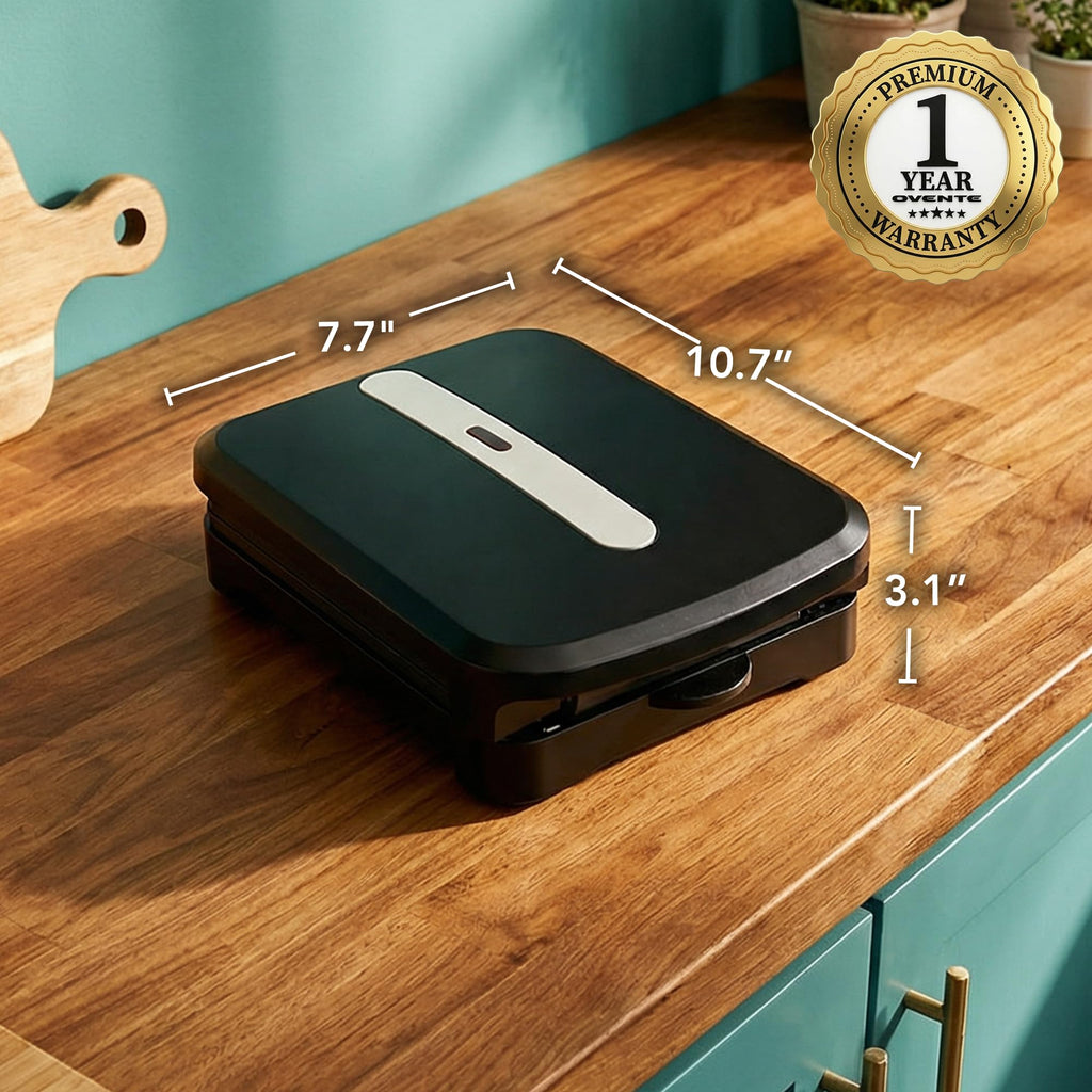 OVENTE 2-Serving Electric Indoor Grill & Panini Press with Easy Clean Non-Stick Plate Coating, Opens 180 Degrees, 8.15" x 7.4" Space Saving Design, 750W Contact Grill for Burgers & More, Black GP222B