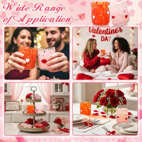 Willinglong 2 Pcs Valentine's Day Icon Juice Glass 16 Ounce Heart and Lip Themed Drinking Cocktails Glasses for Party, Pink Red Cute Double Old Fashioned Reusable Cups for Home Bar Decor Lovely Gift