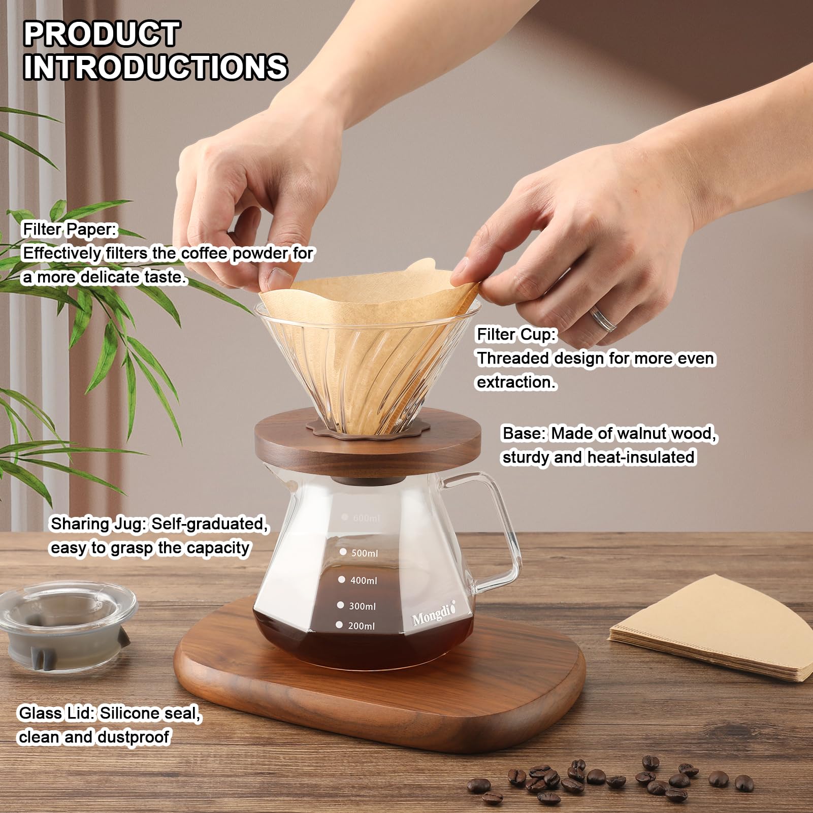 Mongdio Pour Over Coffee Maker, 20 oz High-Heat Borosilicate Glass Coffee Maker with 100pcs Paper Filters, 5 in 1 Drip Coffee Maker Set for Home Café Restaurant and Camping - 600ml, Clear