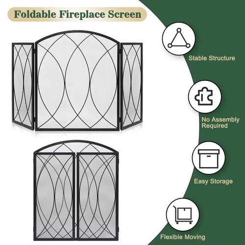 FEED GARDEN 3 Panel Fireplace Screen 48" W x 29.5" H Modern Foldable with Wrought Metal Decorative Mesh,Arch Heavy Duty Fire Spark Guard Cover for Home Decor Indoor, Black