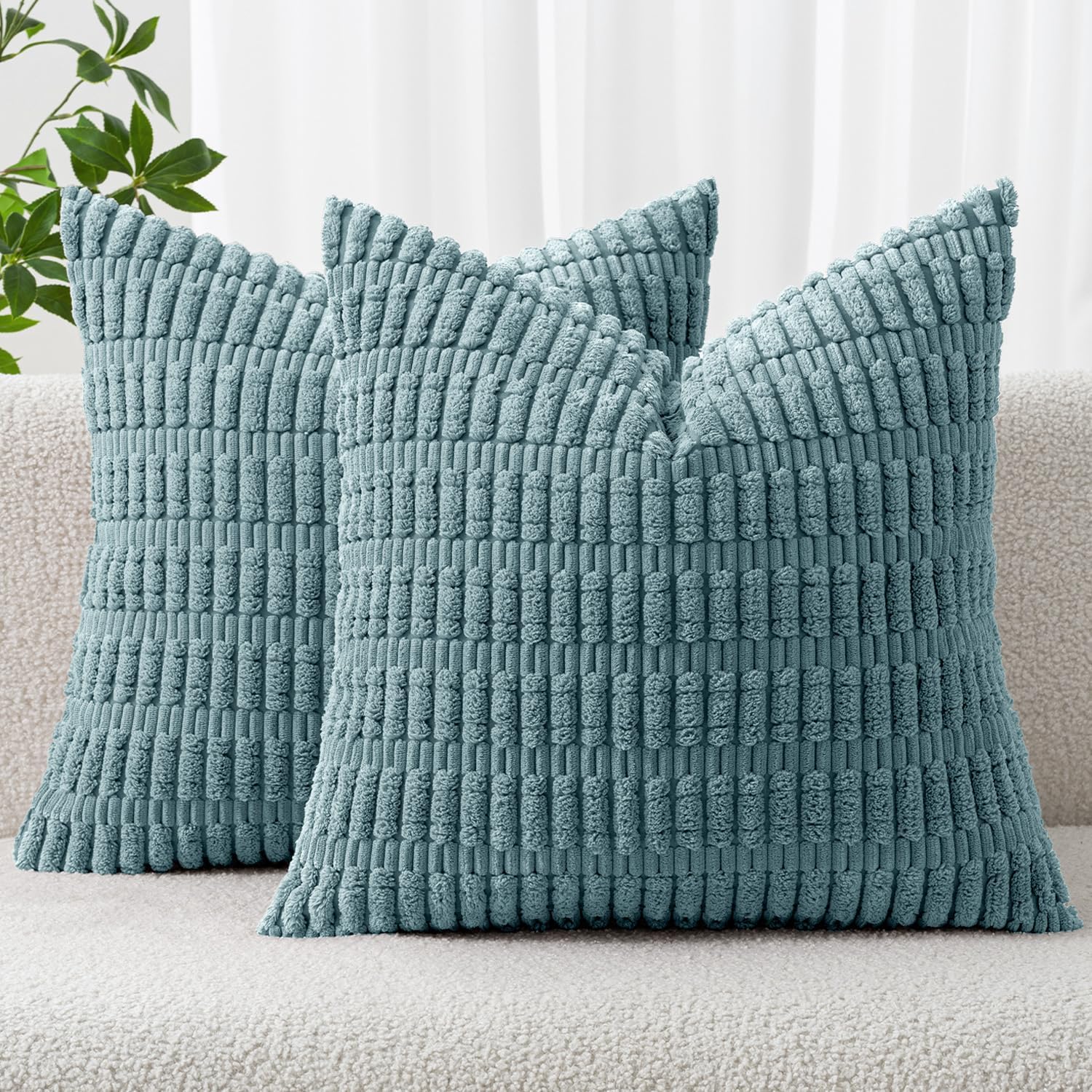 MIULEE Corduroy Throw Pillow Covers - Soft Boho Striped Design | 16x16 Inch Coastal Blue for Modern Home Decor