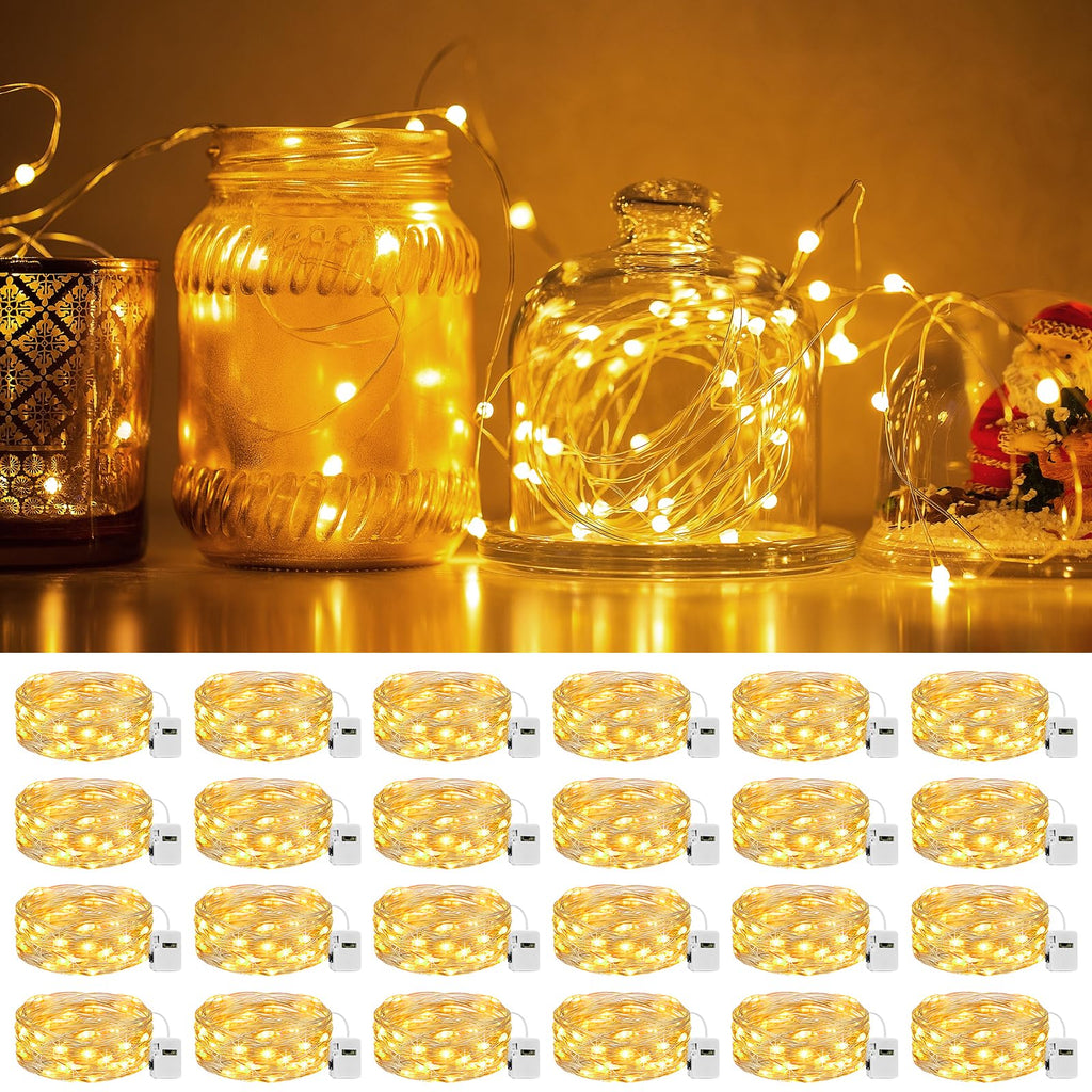litogo 24 Pack 7FT 20 LED Fairy Lights Battery Operated, 3 Lighting Modes, Bulk Mini Twinkle String Lights Waterproof Silver Wire for Weddings Mason Jars Party Christmas Decorations-Warm White