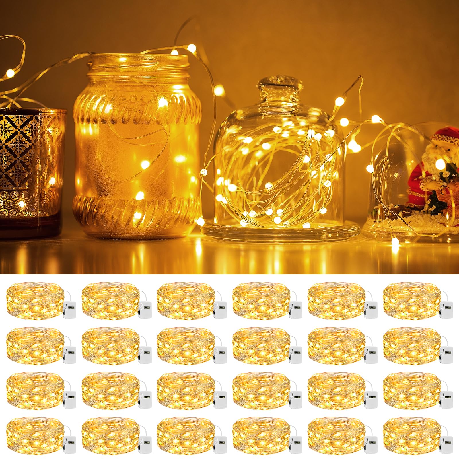 litogo 24 Pack 7FT 20 LED Fairy Lights Battery Operated, 3 Lighting Modes, Bulk Mini Twinkle String Lights Waterproof Silver Wire for Weddings Mason Jars Party Christmas Decorations-Warm White