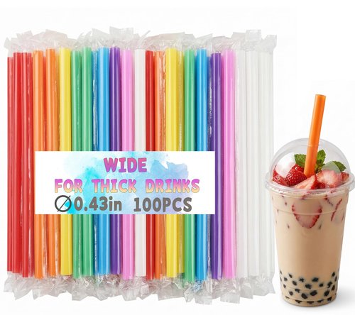 100 Pcs Jumbo Smoothie Boba Straws, Colorful Disposable Plastic Straws, Wide-Mouthed Milkshake Straw, Individually Wrapped Straw for Bubble Tea & Thick Beverages, Parties(0.43" Wide X 9.53" Long)