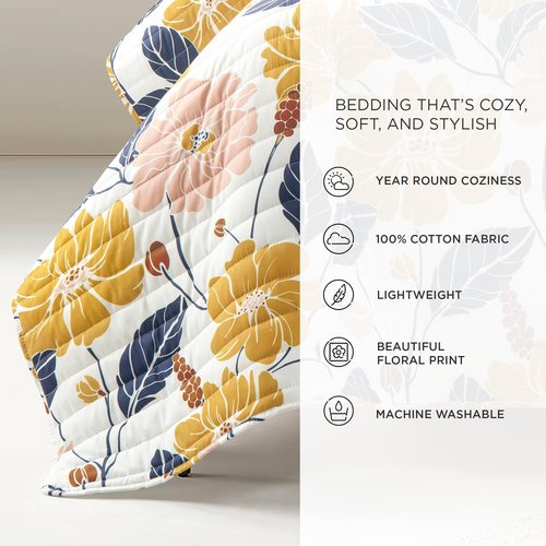 Lush Decor Lucia Abstract Floral Cotton Quilt Twin XL Size 2 Piece Set Yellow & Navy - Dorm Bedding Set Twin XL Quilt - Floral Quilts - Dorm Decor