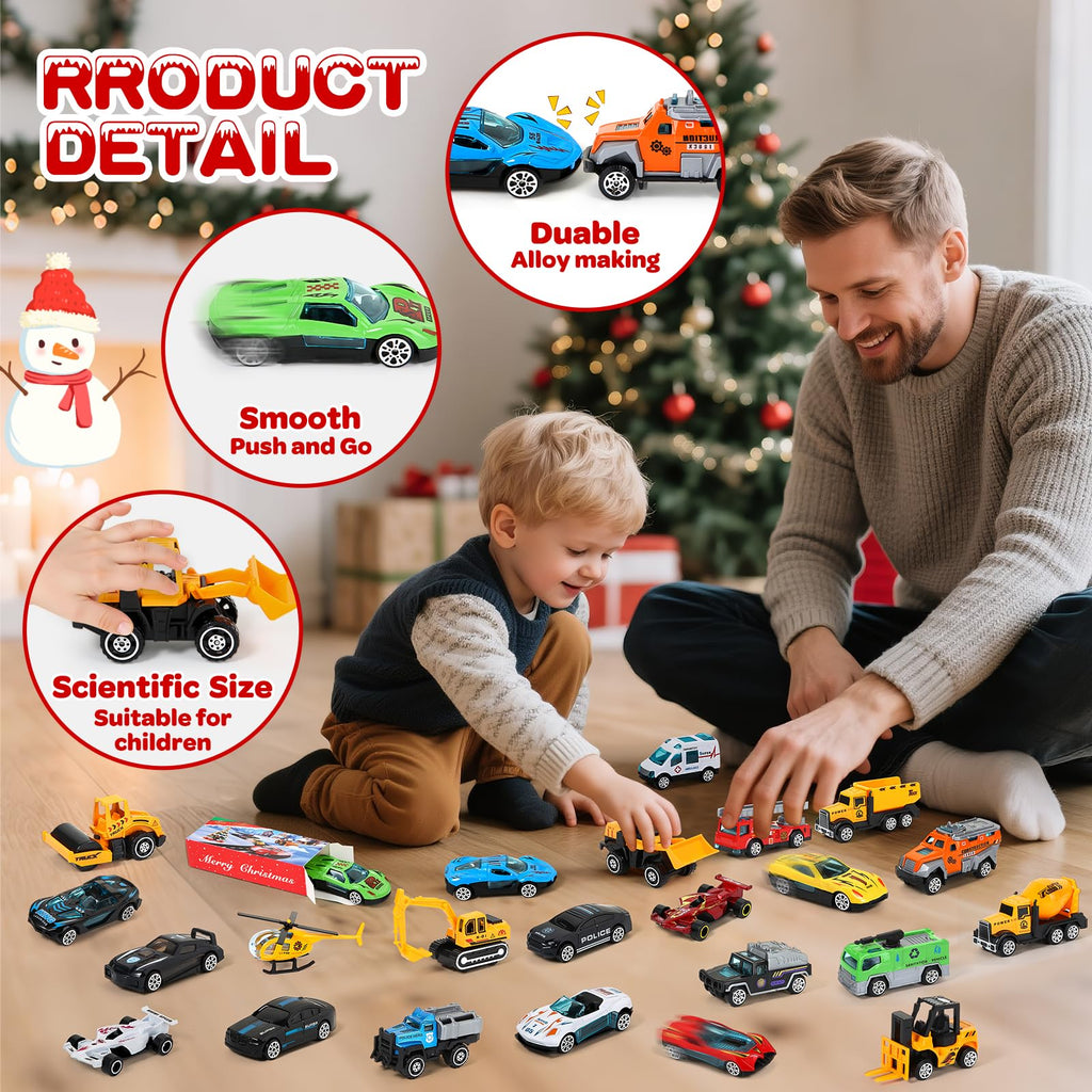 Advent Calendar 2025 for Kids, 24 Days Christmas Countdown Calendar with Die-cast Cars for Toddler Boys, Christmas Advent Calendars Cars Set, Classroom Prizes Xmas Holiday Party Favor Gift for Kids