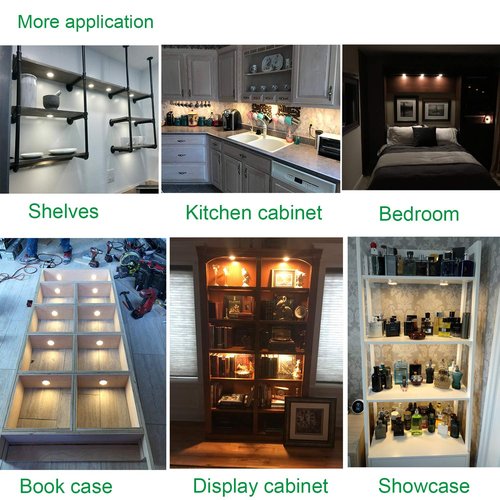 AIBOO Linkable Under Cabinet LED Lighting Kit 12V Slim Dimmable LED Puck Lights with Wireless Controller & UL Listed Wall Plug for Under Counter Lights, Display, Book Case Lighting(6 Pcs, 6000K)