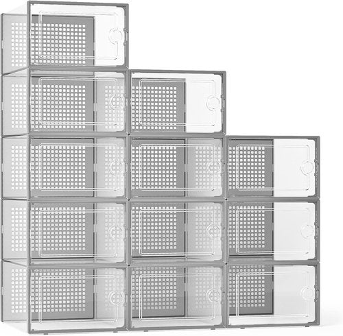 Kuject X-Large Shoe Storage Boxes - Clear Plastic Stackable Organizers | 12 Pack for Sneakers & Toys - Grey