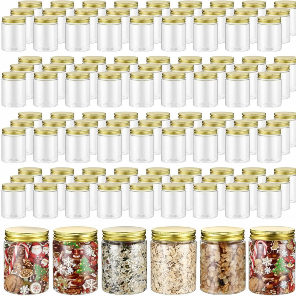 Wesiti 100 Pcs 8 oz Clear Plastic Mason Jars Containers With Screw on Gold Lids Refillable Round Empty Plastic Jars Storage Containers Reusable for Kitchen Household Dry Food Storage Honey Herb Nuts