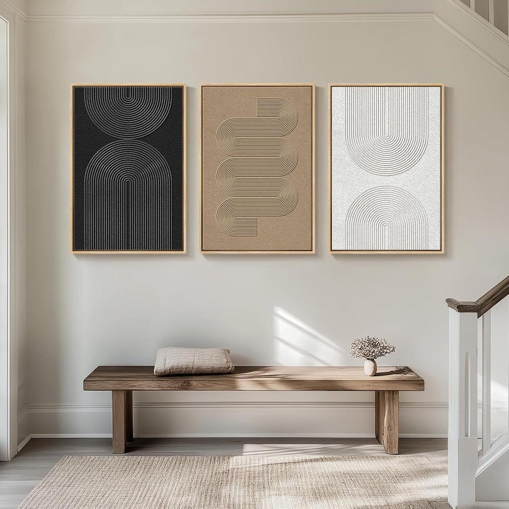 Skiennix Large Framed Boho Modern Abstract Wall Art - 3 Piece Black & White Canvas Set | 24x36 In
