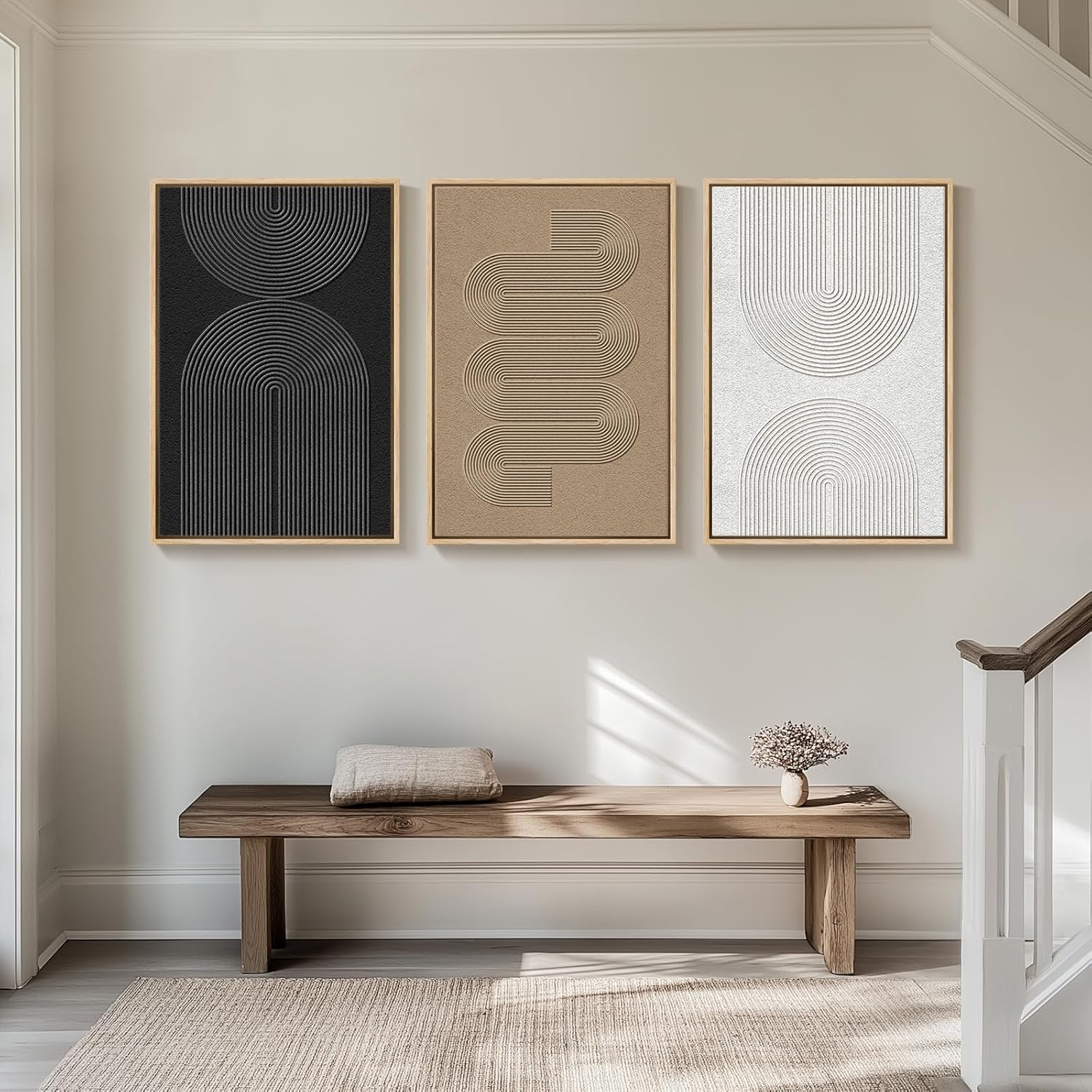 Skiennix Large Framed Boho Modern Abstract Wall Art - 3 Piece Black & White Canvas Set | 24x36 In