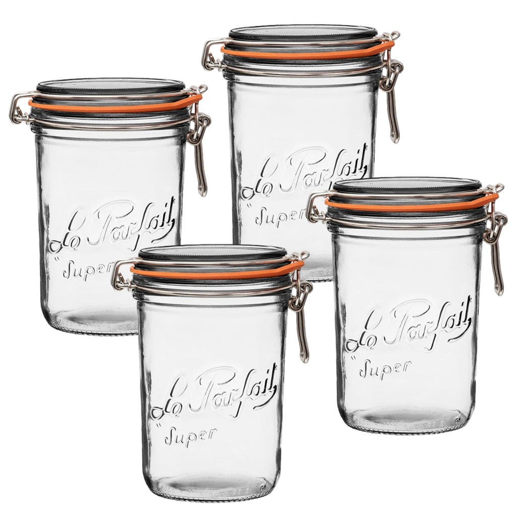 Le Parfait Super Terrine 1L (32oz) Zero Waste Eco-Friendly Glass Canning Jars, Airtight Rubber Seal & Wire Bail Lid, BPA-Free, Water Bath Safe for Food Storage & Preserving, Made in France, 4PK