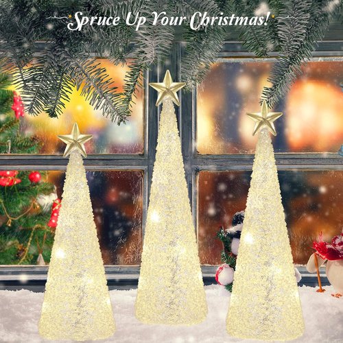 Lewondr LED Glass Christmas Tree Tabletop Lamps - Warm Yellow Light | 3 PCS with Timer & Glitter Ornaments