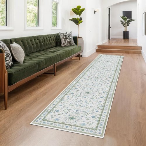 Hazo Haus Oushak 3x10 Wide Hallway Runner Rug - Vintage Turkish Floral Design, Washable Low Pile | Light Blue & Green
