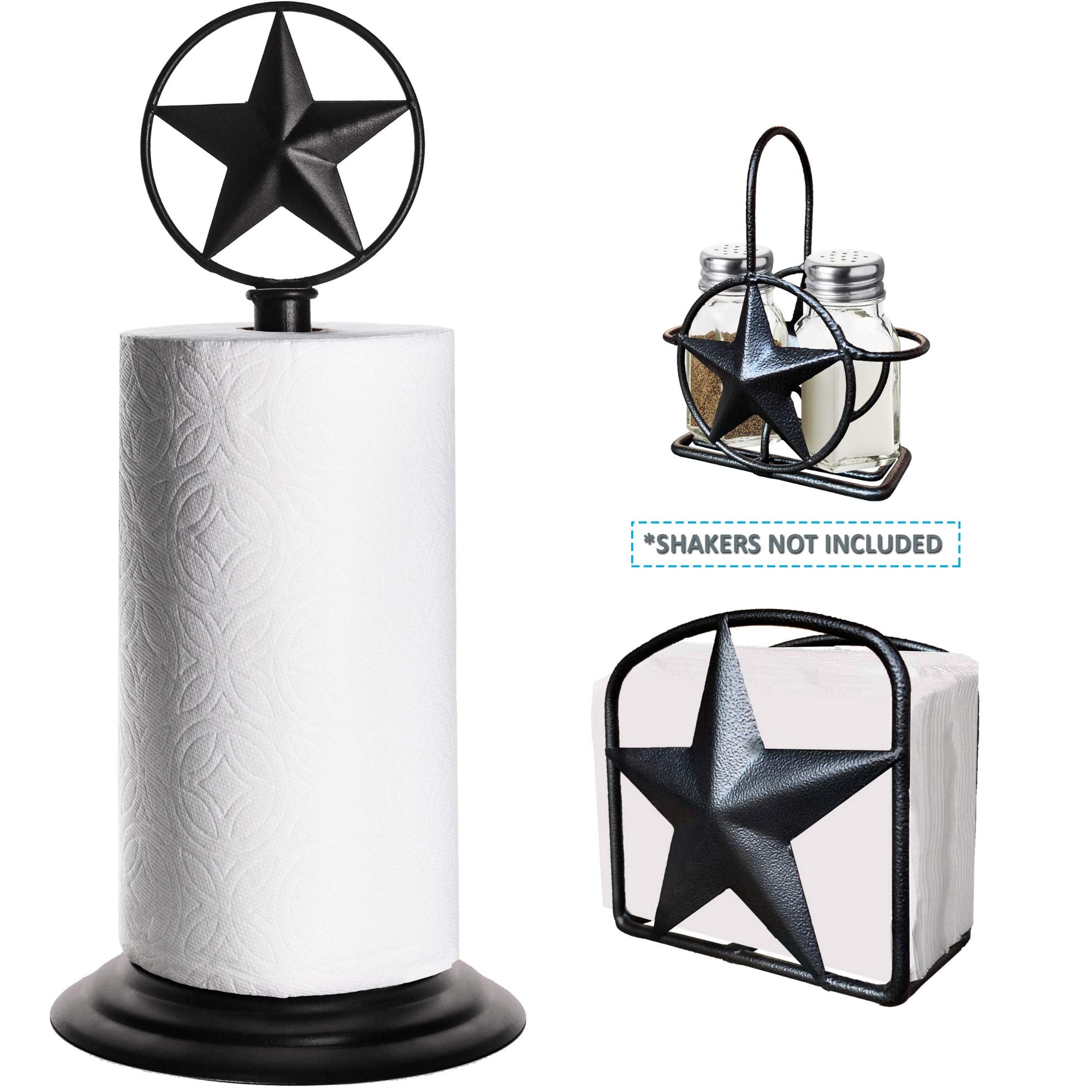 Black Rustic Texas Star Paper Towel Holder, Napkin Holder, Salt and Pepper Shakers Holder, Country Farmhouse Iron Kitchen Counter Accessory Set Holders (Paper Towel, Napkin, S&P Holder (3 Piece Set))