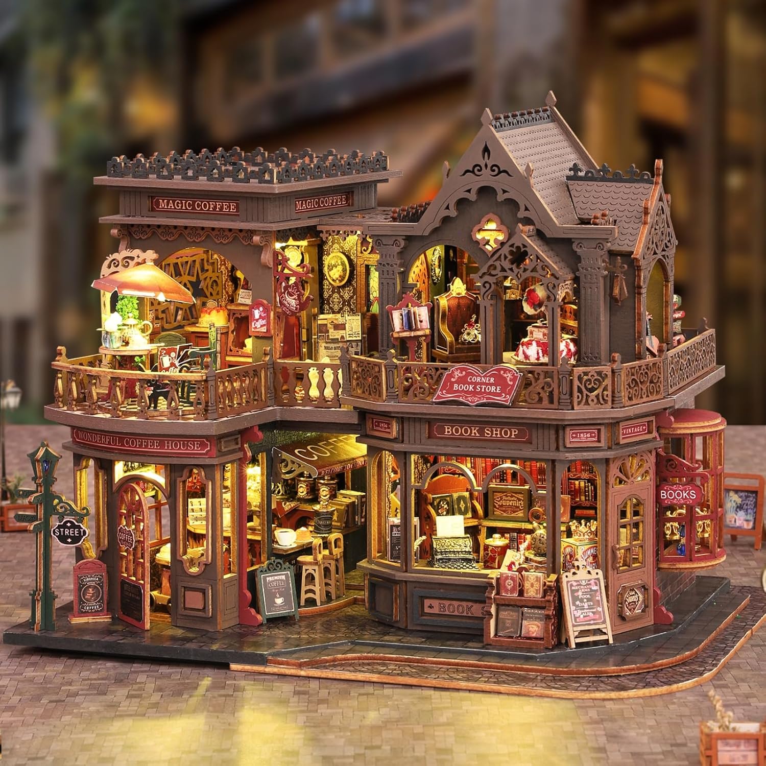 Skiennix Letter Coffee Miniature House Kit - LED Light Dollhouse for Shelf Decor | 3D Wood Puzzle Gift for Adults