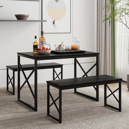 VECELO Kitchen Dining Table Benches Set for 4, 43.3" Wooden Dinette with 2 Benches, Heavy-Duty Dining Room Table for Small Space, Breakfast Nook, Black